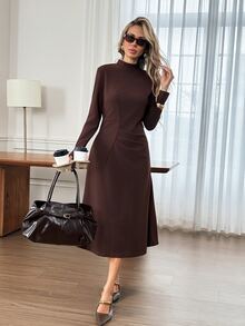 Easowa Women's Fall Elegant Casual Dark Brown Long Sleeve Mock Neck Midi Dress Perfect For Work Office Brunch Outfits Modern Gathered Detail - Dark Brown - View 4