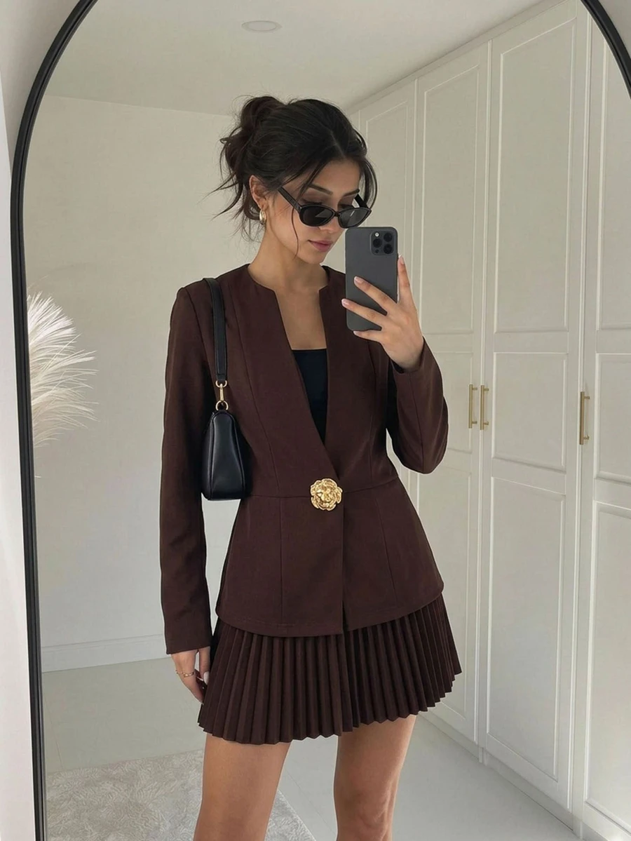 Easowa Women's Autumn Sets Elegant 2 Pieces Set With Metal Flower Single Button Jacket And Pleated Skirt Work Brunch Office Dinner Outfits Dark Brown - Brown - View 1