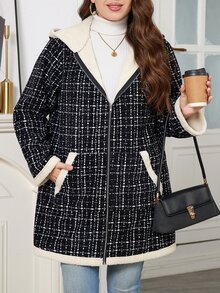 SHEIN Clasi 大尺碼女款格子圖案簡約優雅休閒百搭拉鍊保暖內裡連帽夾克 辦公室度假正式黑色冬季 - 黑色 - 查看 7