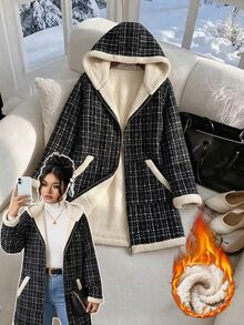 SHEIN Clasi 大尺碼女款格子圖案簡約優雅休閒百搭拉鍊保暖內裡連帽夾克 辦公室度假正式黑色冬季 - 黑色 - 查看 2