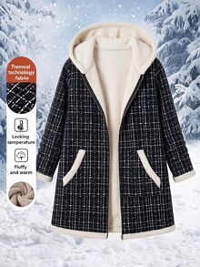 SHEIN Clasi 大尺碼女款格子圖案簡約優雅休閒百搭拉鍊保暖內裡連帽夾克 辦公室度假正式黑色冬季 - 黑色 - 查看 1