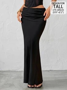 SHEIN Tall تنورة نسائية بلون موحد مطوية كاجوال متعددة الاستخدامات للارتداء اليومي - الأسود - مشاهدة 1