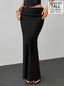 SHEIN Tall تنورة نسائية بلون موحد مطوية كاجوال متعددة الاستخدامات للارتداء اليومي - الأسود - مشاهدة 9