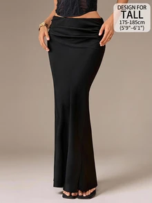 SHEIN Tall تنورة نسائية بلون موحد مطوية كاجوال متعددة الاستخدامات للارتداء اليومي - الأسود - مشاهدة 7