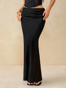 SHEIN Tall تنورة نسائية بلون موحد مطوية كاجوال متعددة الاستخدامات للارتداء اليومي - الأسود - مشاهدة 8