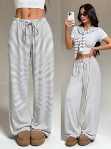 SHEIN PETITE بنطلون طويل كاجوال يومي للنساء بخصر برباط مخطط - متعدد الألوان - مشاهدة 9