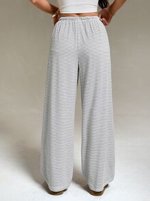 SHEIN PETITE بنطلون طويل كاجوال يومي للنساء بخصر برباط مخطط - متعدد الألوان - مشاهدة 2
