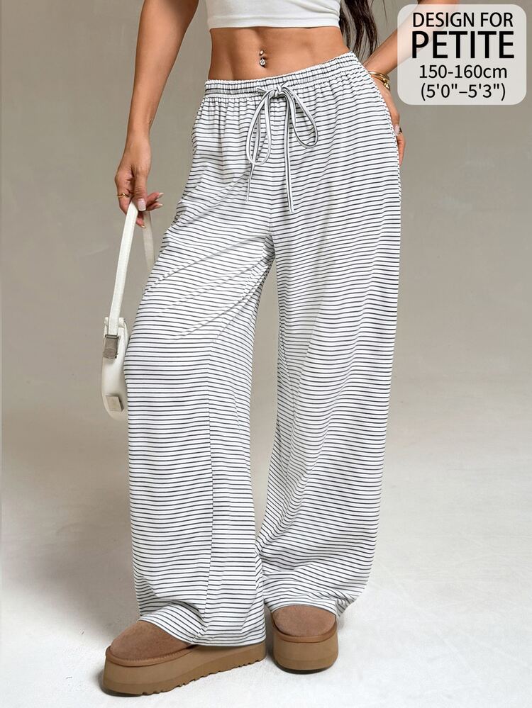 SHEIN PETITE 女款抽繩腰條紋休閒日常長褲 - 彩色 - 查看 8