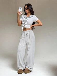 SHEIN PETITE بنطلون طويل كاجوال يومي للنساء بخصر برباط مخطط - متعدد الألوان - مشاهدة 6