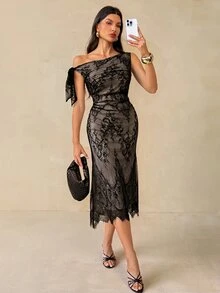 SHEIN Tall فستان حفلة نسائي أنيق بكتف غير متماثل من الدانتيل مع كشكشة وخصر مشدود - الأسود - مشاهدة 5