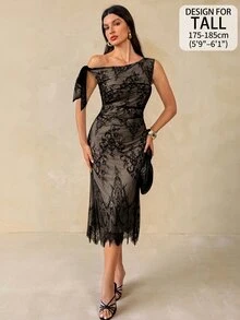SHEIN Tall فستان حفلة نسائي أنيق بكتف غير متماثل من الدانتيل مع كشكشة وخصر مشدود - الأسود - مشاهدة 11