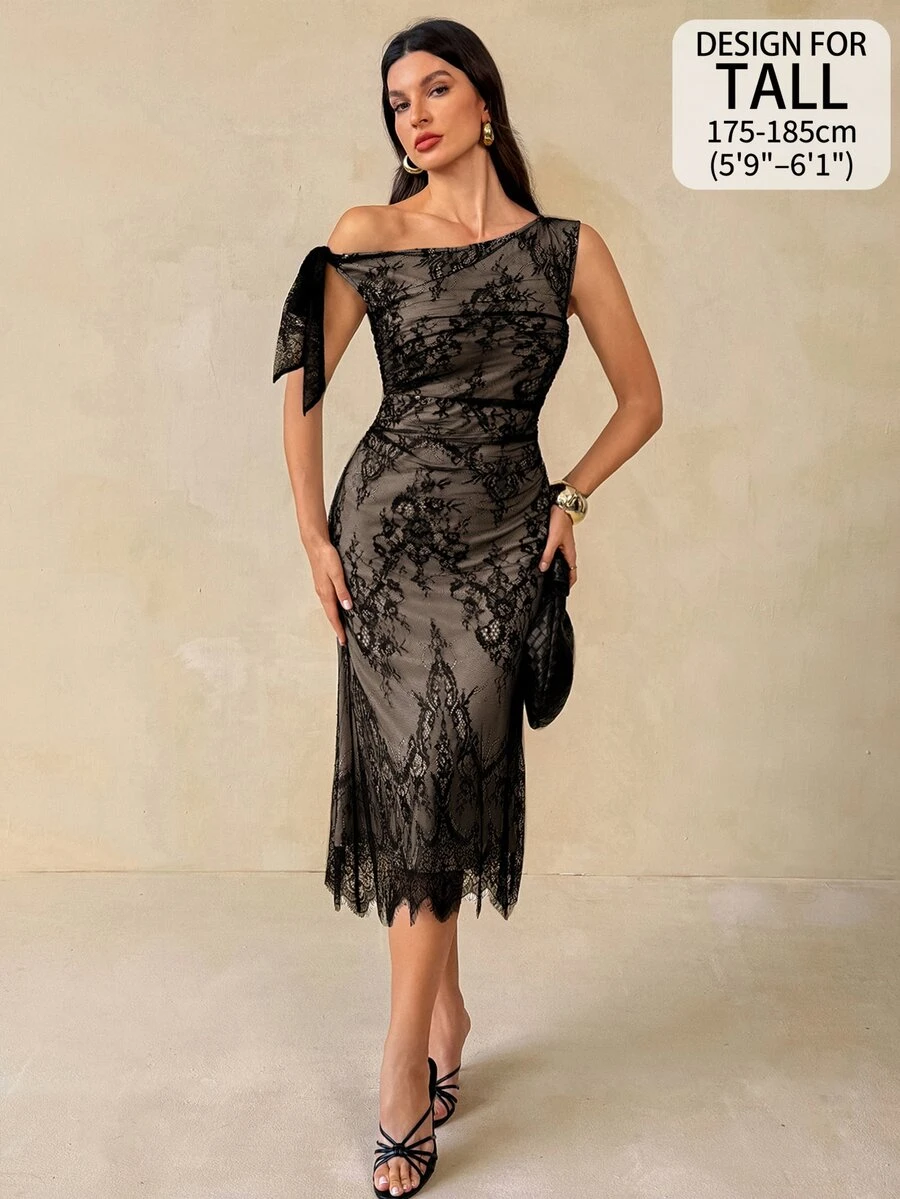 SHEIN Tall 女款不對稱單肩蕾絲抓皺收腰優雅派對洋裝 - 黑色 - 查看 1