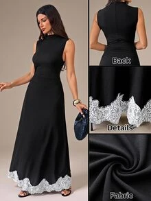 SHEIN Tall Women's Elegant Sleeveless Long Dress With Stand Collar And Lace Hem - Black - View 10
