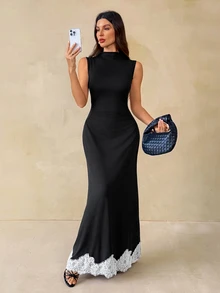 SHEIN Tall Women's Elegant Sleeveless Long Dress With Stand Collar And Lace Hem - Black - View 7