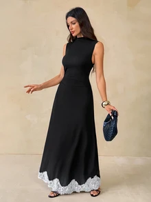 SHEIN Tall Women's Elegant Sleeveless Long Dress With Stand Collar And Lace Hem - Black - View 6