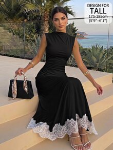 SHEIN Tall Women's Elegant Sleeveless Long Dress With Stand Collar And Lace Hem - Black - View 1