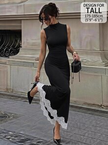 SHEIN Tall Women's Elegant Sleeveless Long Dress With Stand Collar And Lace Hem - Black - View 11