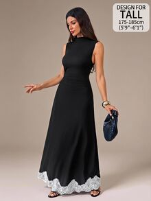 SHEIN Tall Women's Elegant Sleeveless Long Dress With Stand Collar And Lace Hem - Black - View 9