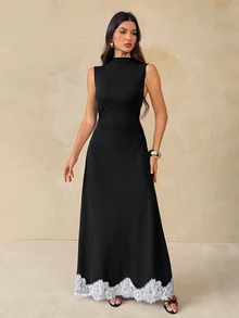 SHEIN Tall Women's Elegant Sleeveless Long Dress With Stand Collar And Lace Hem - Black - View 8
