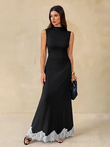 SHEIN Tall Women's Elegant Sleeveless Long Dress With Stand Collar And Lace Hem - Black - View 4