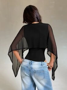 SHEIN PETITE Women's Mesh Patchwork Bodysuit For Daily Wear - Black - View 2