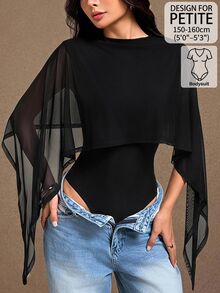 SHEIN PETITE Women's Mesh Patchwork Bodysuit For Daily Wear - Black - View 1
