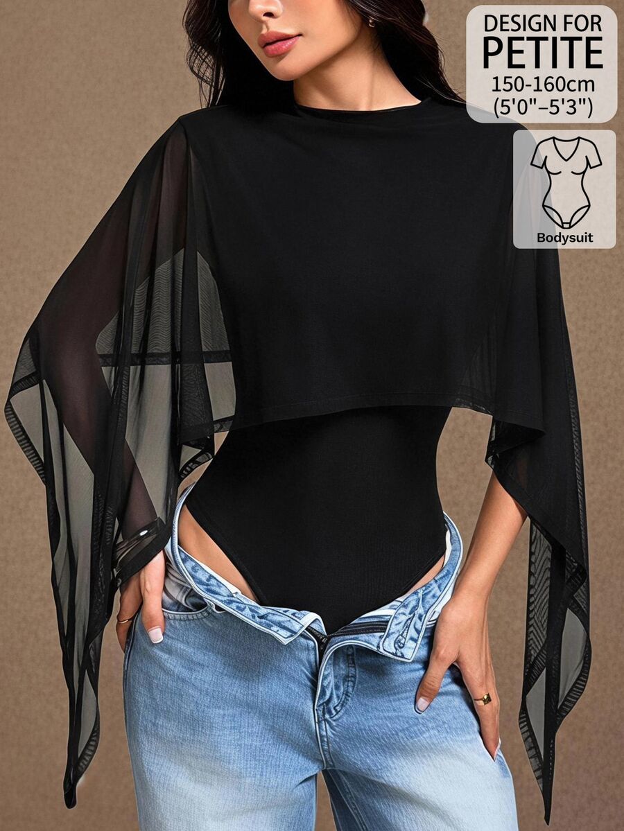 SHEIN PETITE Women's Mesh Patchwork Bodysuit For Daily Wear - Black - View 1