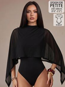 SHEIN PETITE Women's Mesh Patchwork Bodysuit For Daily Wear - Black - View 8