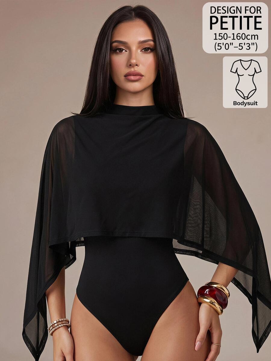SHEIN PETITE Bodysuit Wanita Motif Jala untuk Pemakaian Sehari-hari - Hitam - View 1