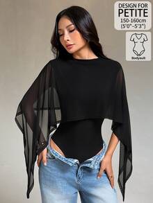 SHEIN PETITE Women's Mesh Patchwork Bodysuit For Daily Wear - Black - View 9