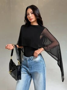 SHEIN PETITE Women's Mesh Patchwork Bodysuit For Daily Wear - Black - View 7