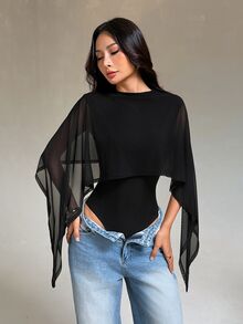 SHEIN PETITE Women's Mesh Patchwork Bodysuit For Daily Wear - Black - View 6