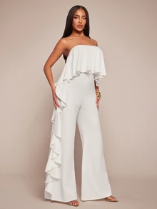 Radiana Women's Summer Elegant Off-White Asymmetric Ruffled Strapless Jumpsuit,Wedding Guest Party Formal Event Office Siren Chic Flowy Wide Leg Jumpsuit - White - View 5