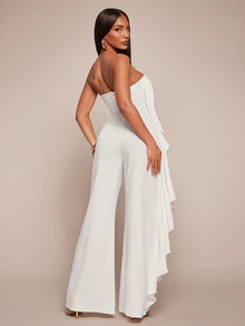 Radiana Women's Summer Elegant Off-White Asymmetric Ruffled Strapless Jumpsuit,Wedding Guest Party Formal Event Office Siren Chic Flowy Wide Leg Jumpsuit - White - View 3