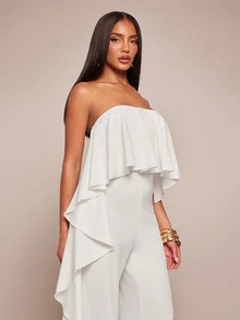 Radiana Women's Summer Elegant Off-White Asymmetric Ruffled Strapless Jumpsuit,Wedding Guest Party Formal Event Office Siren Chic Flowy Wide Leg Jumpsuit - White - View 6