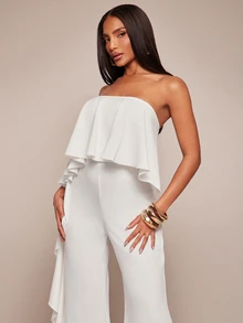 Radiana Women's Summer Elegant Off-White Asymmetric Ruffled Strapless Jumpsuit,Wedding Guest Party Formal Event Office Siren Chic Flowy Wide Leg Jumpsuit - White - View 7