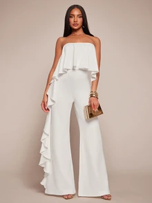 Radiana Women's Summer Elegant Off-White Asymmetric Ruffled Strapless Jumpsuit,Wedding Guest Party Formal Event Office Siren Chic Flowy Wide Leg Jumpsuit - White - View 2