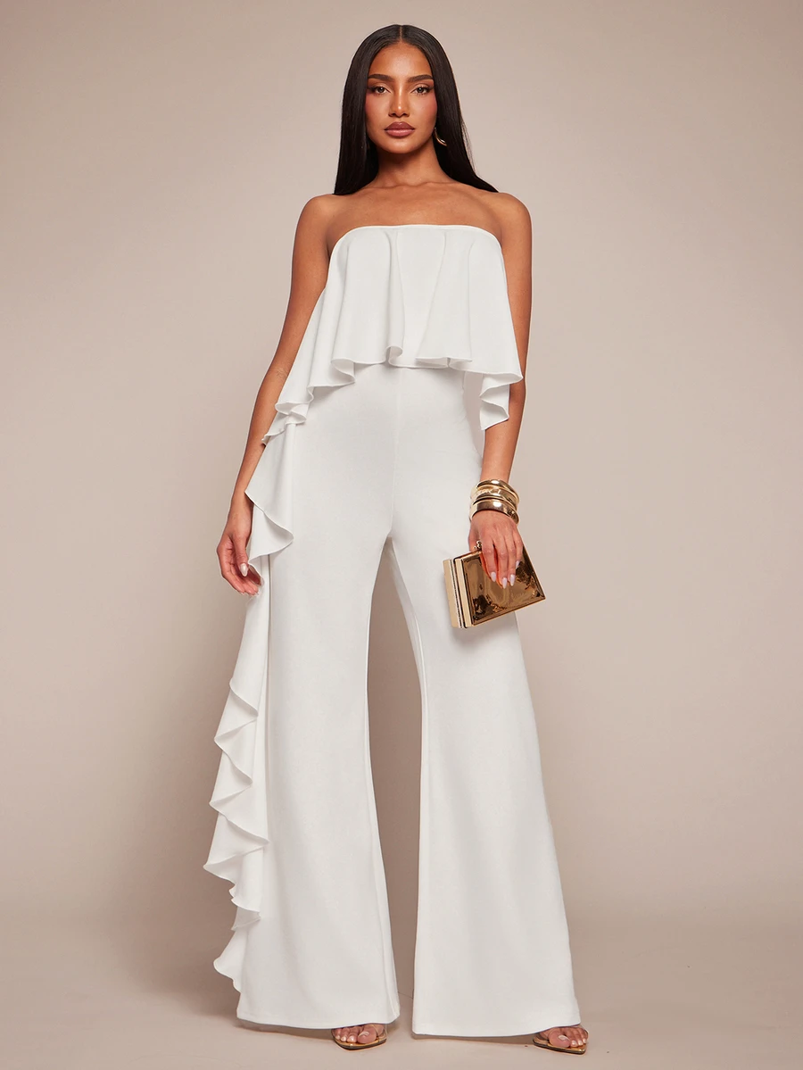 Radiana Women's Summer Elegant Off-White Asymmetric Ruffled Strapless Jumpsuit,Wedding Guest Party Formal Event Office Siren Chic Flowy Wide Leg Jumpsuit