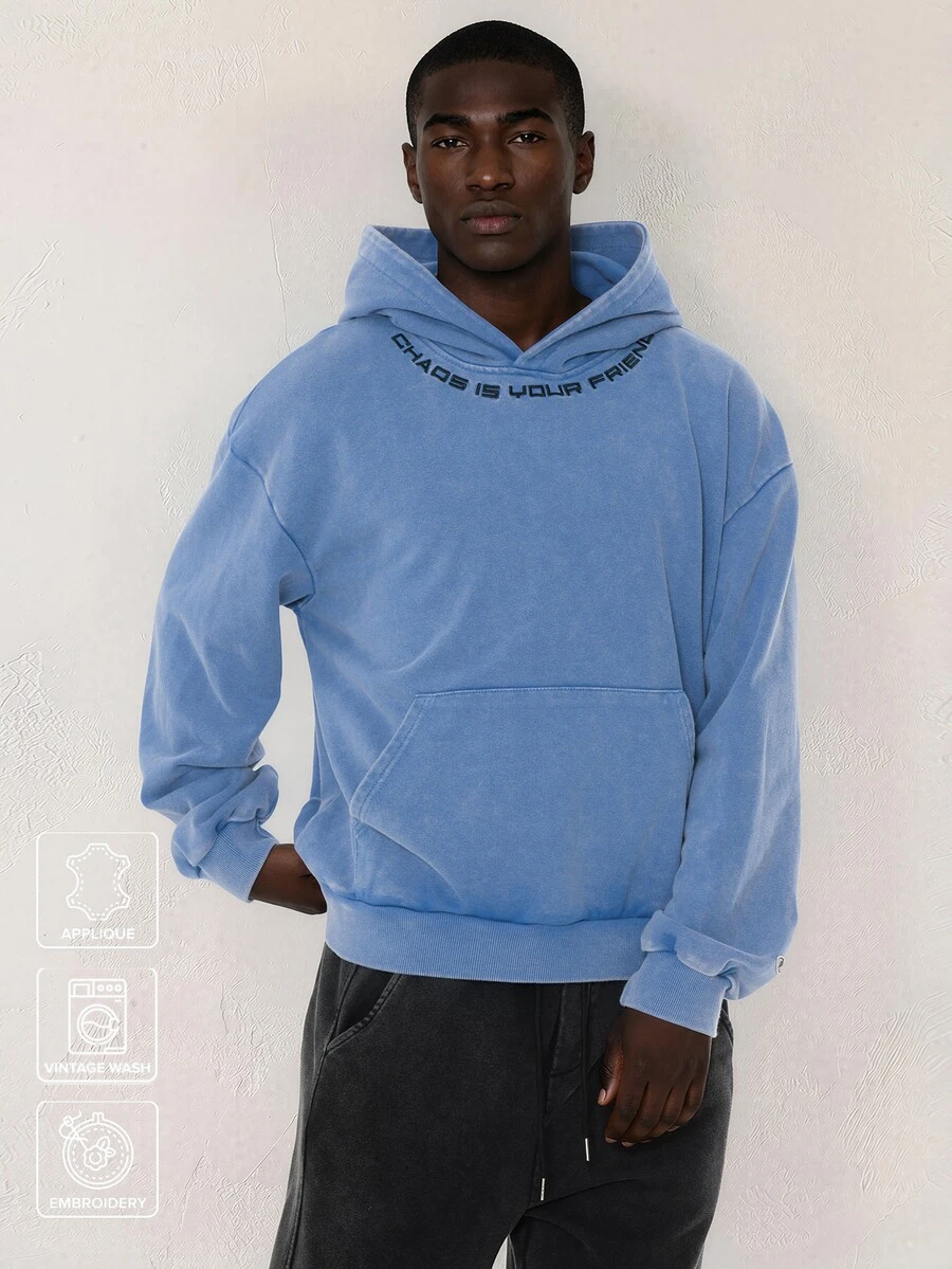 FORM&CHAOS Men's Fall Vintage Washed Blue Streetwear Loose Fit Hoodie Vacation Beach - Blue - View 1