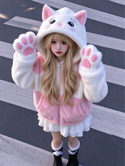 SHEIN 1pc Girls' Gentle Korean Style Plush Hoodie Jacket, Colorblock Loose Coral Fleece Casual Outerwear For School, Commute, Shopping And Travel, Autumn/Winter