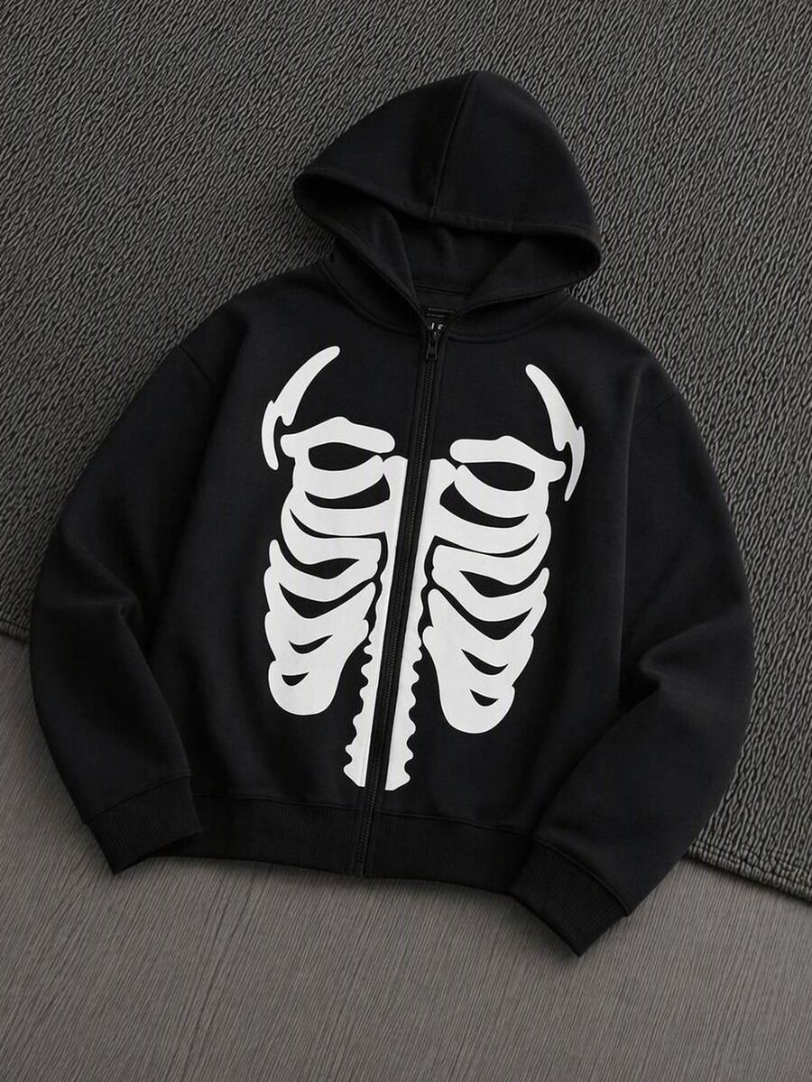 Mainfolk Loose Fit Men's Spider Web Print Zip Up Hoodie Without Tee Halloween Christmas Winter Party Autumn - Black - View 1