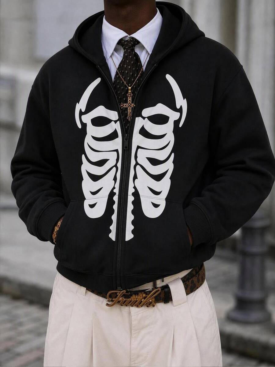 Mainfolk Loose Fit Men's Spider Web Print Zip Up Hoodie Without Tee Halloween Christmas Winter Party Autumn - Black - View 1