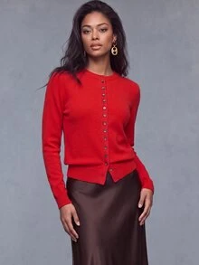 Savoree Wool Solid Button Front Sweater Office Red Autumn Casual Basic Minimalist Elegant Comfort Basic Commute Brunch Tea Party Spring Fall Winter - Red - View 6