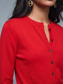 Savoree Wool Solid Button Front Sweater Office Red Autumn Casual Basic Minimalist Elegant Comfort Basic Commute Brunch Tea Party Spring Fall Winter - Red - View 3