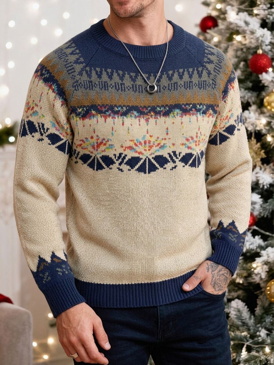 Manfinity Homme Men's Geometric Pattern Raglan Long Sleeve Casual Sweater Christmas - Beige - View 1