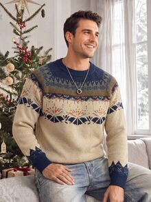Manfinity Homme Men's Geometric Pattern Raglan Long Sleeve Casual Sweater Christmas - Beige - View 2