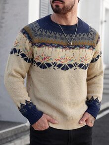 Manfinity Homme Men's Geometric Pattern Raglan Long Sleeve Casual Sweater Christmas - Beige - View 6