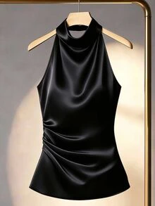 Franclia Women's Solid Color Halter Neck Drape Elegant Fitted Blouse, Summer - Black - View 1