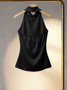 Franclia Women's Solid Color Halter Neck Drape Elegant Fitted Blouse, Summer - Black - View 2