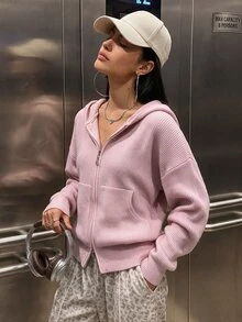 Aidyla Soft Pink Oversized Casual Slouchy Reversible Zip-Up Hoodie Cardigan,Fall Winter  Back-To-School Loose Versatile Knit Sweater Jacket Hooded Sweater - Pink - View 4